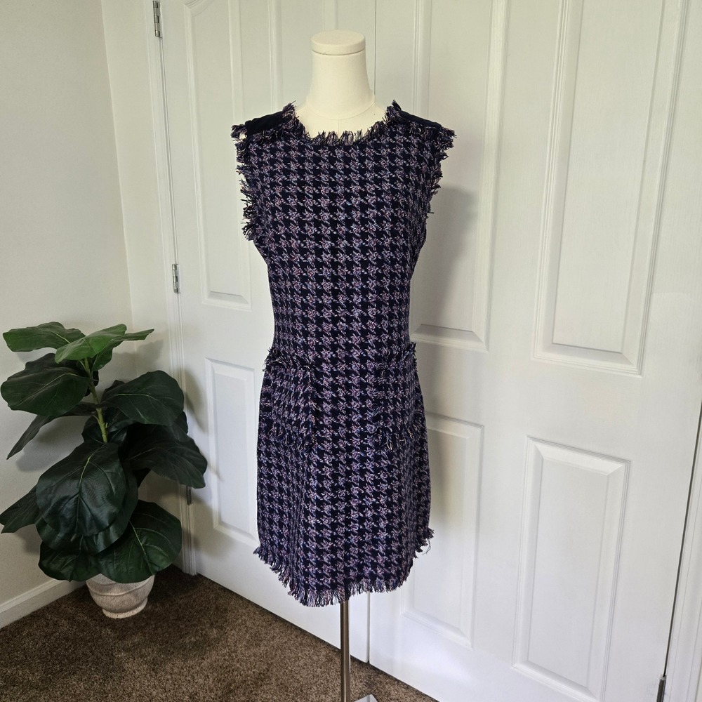 Jade Melody Tam Tweed Dress‎ Womens Large Navy Blue Houndstooth Fringe Sheath